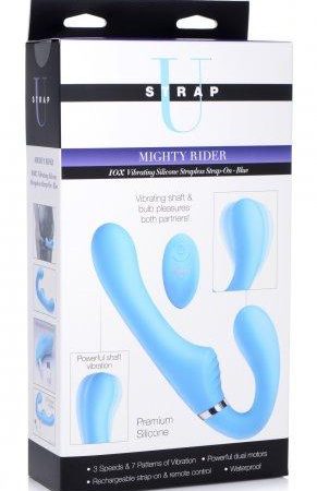 Strap U 10X Mighty Rider Vibrating Silicone Strapless Strap-on - Blue