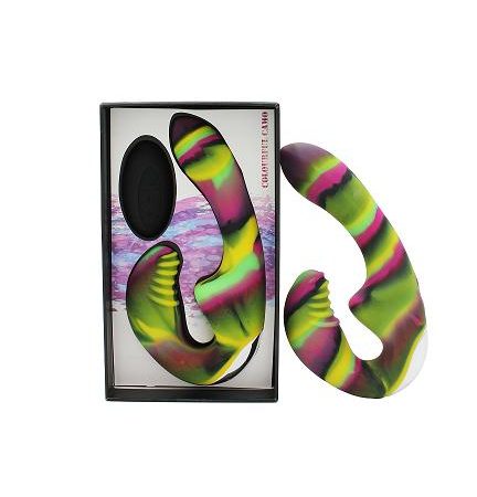 Colourful Camo Tandem Remote Control Strapless Strapon Yellow