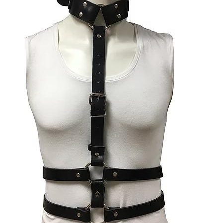 Female Black Leather Chest Harness with Choker